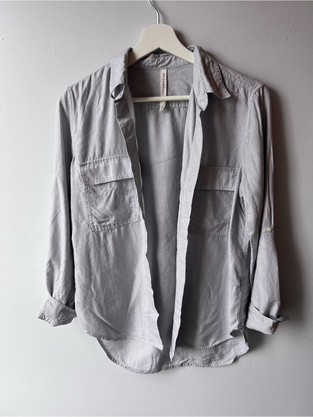 ARITZIA Group by Babaton Light Gray Button-Up Utility Shirt Pinstripes Classic